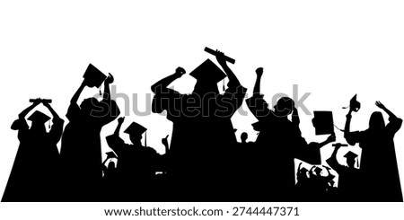 Graduating students celebrating success throwing graduation caps. Crowd of silhouettes. Vector illustration.