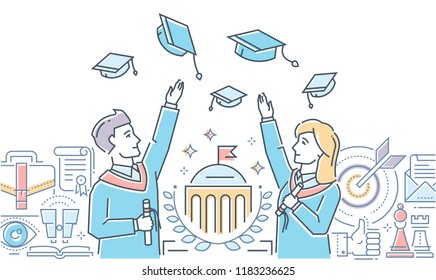 Graduating students - colorful line design style illustration on white background with copy space for text. Happy boy, girl throwing academic caps in the air, certificate, university. school building