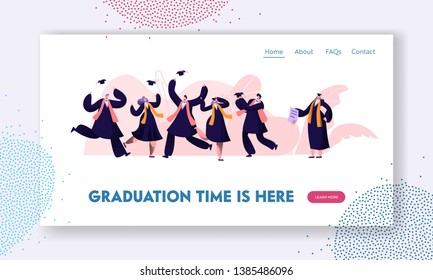 Graduating Students in Gowns and Caps Jumping and Cheering Up Happy to Get Diploma Certificate and Finish University Education. Website Landing Page, Web Page. Cartoon Flat Vector Illustration, Banner