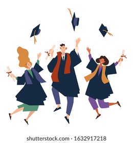 Graduating Students in Gowns and Caps Jumping and Cheering Up Happy to Get Diploma Certificate and Finish University Education. Cartoon Flat Vector Illustration.