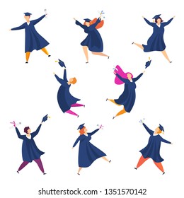 Graduating students. Group of fun people. Boys and girls are happy dancing, laughing and jumping. Throw up mortarboards and diplomas. Celebrating university graduation 2020. Flat vector concept.