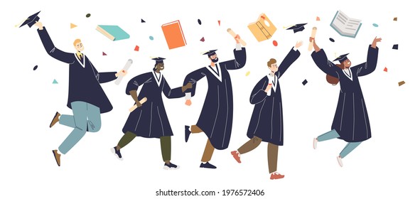 Graduating students group, graduates friends in gowns cheerful jumping. Class celebrate college or university graduation with diploma degree. Cartoon flat vector illustration