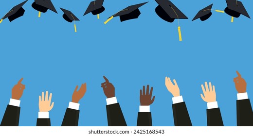 Graduating students hands in gown throwing graduation caps in the air	
