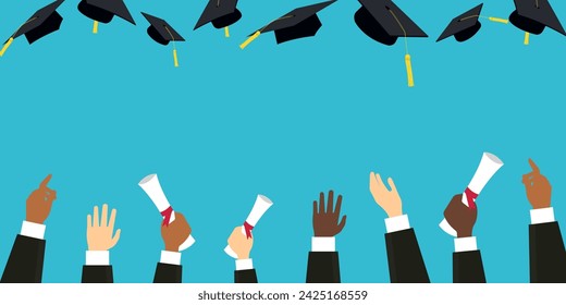 Graduating students hands in gown throwing graduation caps in the air	
