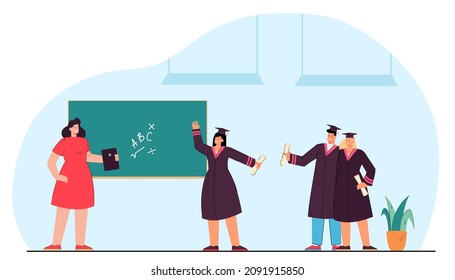 Graduating students and lecturer standing near blackboard. Happy former students visiting their teacher flat vector illustration. Education concept for banner, website design or landing web page