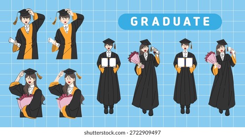 Alunos de graduação em um fundo quadriculado azul