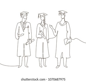 Graduating students - one line design style illustration on white background. Composition with three friends in academic gowns wearing graduate caps, holding certificates and diplomas