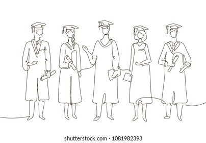 Graduating students - one line design style illustration on white background. Composition with people in academic gowns wearing graduate caps, holding certificates and diplomas