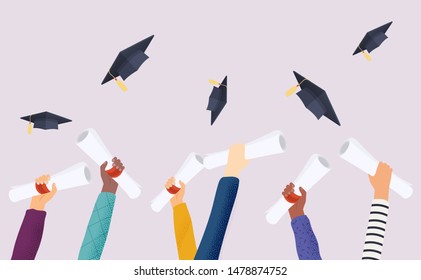 Graduating Students Of Pupil Hands In Gown Throwing Graduation Caps. Hands Holding Diploma Graduation. Flat Design Modern Vector Illustration Concept.