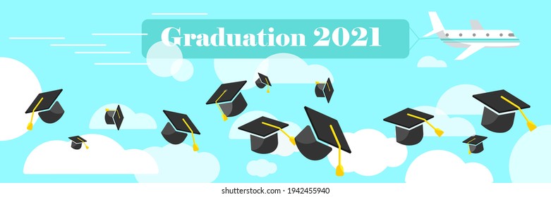 Graduating students or pupil hands in gown throwing graduation caps in the air, flying academic hats, throw mortar boards in the sky flat vector illustration. Airplane and cloud