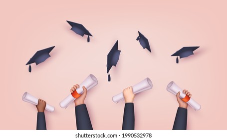 Graduando a los estudiantes de las manos del alumno en bata tirando gorras de graduación. Manos con diploma.  Ilustraciones de vectores Web 3D.