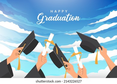 Graduating Students Of Pupil Hands In Gown Throwing Graduation Caps. Hands Holding Diploma Graduation Vector Illustrations.