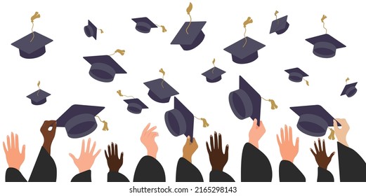 Graduating Students Of Pupil Hands In Gown Throwing Graduation Caps In The Air, Flying Academic Hats, Throw Mortar Boards In The Sky Flat Cartoon Vector Illustration Design Isolated On Blue Background