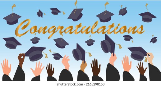 Graduating Students Of Pupil Hands In Gown Throwing Graduation Caps In The Air, Flying Academic Hats, Throw Mortar Boards In The Sky Flat Cartoon Vector Illustration Design Isolated On Blue Background