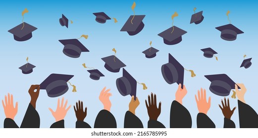 Graduating students of pupil hands in gown throwing graduation caps in the air, flying academic hats, throw mortar boards in the sky flat cartoon vector illustration design isolated on blue background