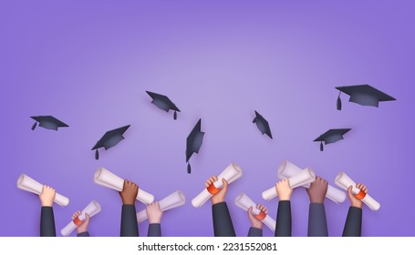 Graduating students of pupil hands in gown throwing graduation caps. Hands holding diploma graduation. 3D Vector Illustrations.