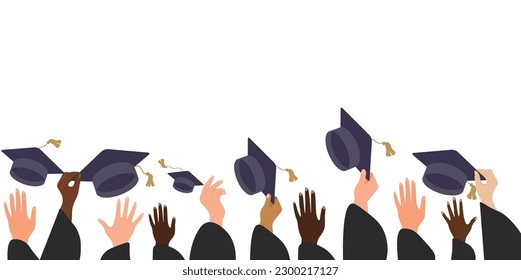 Graduating students of pupil hands in gown throwing graduation caps in the air, flying academic hats, throw mortar boards in the sky flat cartoon vector illustration design isolated on blue background