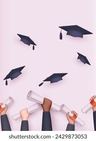 Graduating students of pupil hands in gown throwing graduation caps. Hands holding diploma graduation. 3D Web Vector Illustrations.