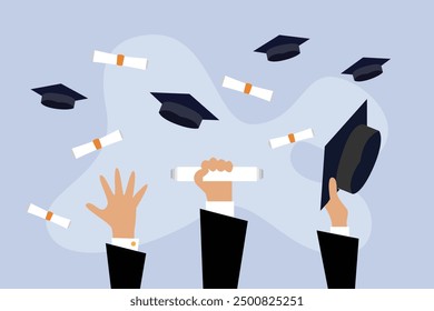 Graduating students or pupil hands in gown throwing graduation caps in the air, flying academic hats, in the sky 2d flat vector illustration