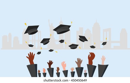 Graduating students of pupil hands in gown throwing graduation caps in new york city