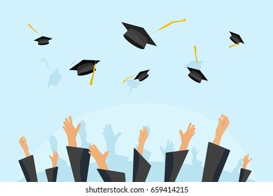 Graduating students or pupil hands in gown throwing graduation caps in the air, flying academic hats, throw mortar boards in the sky flat cartoon vector illustration clipart