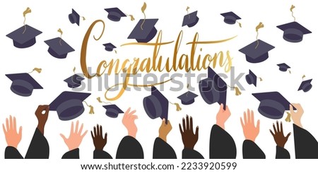 Graduating students of pupil hands in gown throwing graduation caps in the air, flying academic hats, throw mortar boards in the sky flat cartoon vector illustration design isolated on blue background