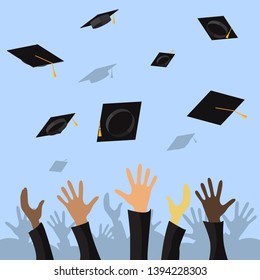 Graduating students of pupil hands throwing graduation caps in the air, vector flat illustration