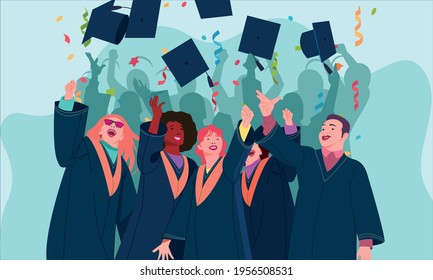 Graduating students tossing their caps in the air, wearing gowns, celebrating with confetti and smiles.