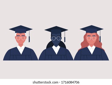 Graduating students wearing gowns and caps, diversity