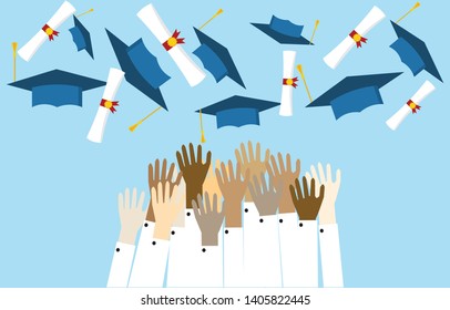 Graduating students,pupil hands in gown trowing graduation cap and diploma in the air,vector flat style