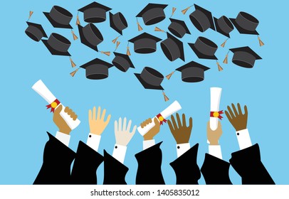 Graduating students,pupil hands in gown trowing graduation cap and diploma in the air,vector flat style