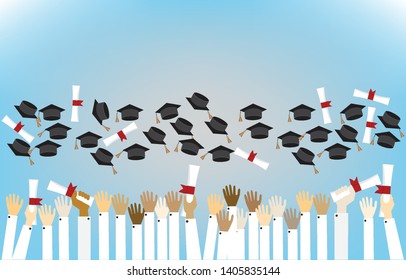 Graduating students,pupil hands in gown trowing graduation cap and diploma in the air,vector flat style
