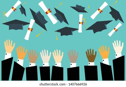 Graduating students,pupil hands in gown trowing graduation cap and diploma in the air,vector flat style