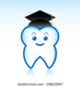 Graduating tooth wearing a mortar board with tassel.