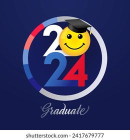 Graduating trendy icon. Educational banner or button concept with funny character. Prom invitation concept. Greeting card design with cute 3D style emoticon. Social media poster. Network post.