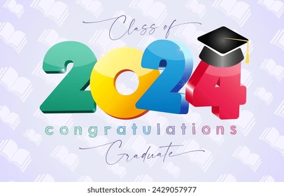 Graduating wallpaper banner for 2024 graduates. 3D style creative number 2024 with square cap. Web icon. Educational background with open books, notebooks. Isolated elements. Prom invitation template