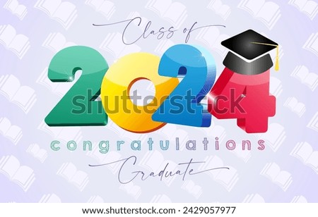 Graduating wallpaper banner for 2024 graduates. 3D style creative number 2024 with square cap. Web icon. Educational background with open books, notebooks. Isolated elements. Prom invitation template