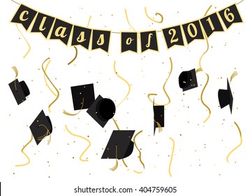 Graduation 2016 celebration. Graduation ceremony. Graduation party invitation. Vector flat design. Graduation caps, serpentine and confetti. Greeting card design.