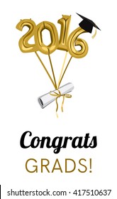 Graduation 2016 celebration. Graduation ceremony or party invitation. Graduate diploma, cap and balloons. Greeting card design. Vector flat design.