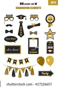 Graduation 2016 Elements Big Set. Collection Of Gold And Black Icons For Graduation Party Or Ceremony Invitation, Greeting Card Design. Vector Flat. Glasses, Graduation Hat And Diploma, Tie, Balloons.