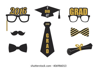 Graduation 2016 elements set. Collection of gold and black icons for graduation party or ceremony invitation, greeting card design. Vector flat. Glasses, graduation hat, and diploma, tie.