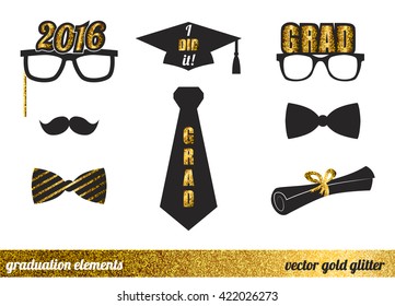 Graduation 2016 elements set. Collection of gold glitter and black icons for graduation party or ceremony invitation, greeting card design. Vector flat. Glasses, graduation hat, and diploma, tie.