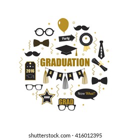 Graduation 2016 Icon Elements. Round Design Of Gold And Black Icons For Graduation Party Or Ceremony Invitation, Greeting Card Design. T-shirt Or Accessories Print. Vector Flat. 