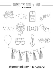 Graduation 2016 thin line icons vector. 13 icon line elements for graduation invitation, card, print, poster.