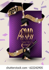 Graduation 2017 banner with confetti, ribbons, symbolic key and sparkling party hat. Vector illustration