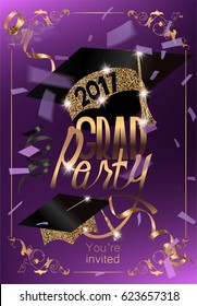 Graduation 2017 banner with confetti, serpentine and sparkling party hats. Vector illustration