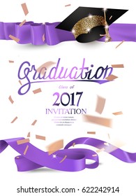 graduation 2017 invitation card with with purple curly ribbons, sparkling hat and confetti. Vector illustration