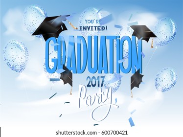 Graduation 2017background with air balloons, hats, confetti, clouds and sky. Vector illustration