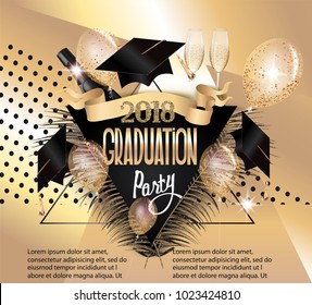 Graduation 2018 banner with air balloon, bottles and goblets of champagne and triangles. Gold and Black. Vector illustration