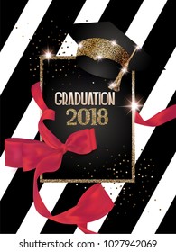 Graduation 2018 banner with hat, scarlet ribbon and striped background. Vector illustration